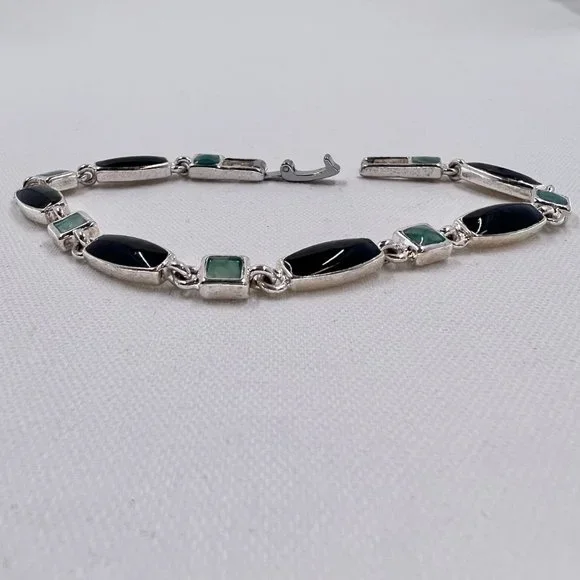 Light & Dark Green Enameled Shiny Silver Tone 7” Bracelet - Picture 6 of 6